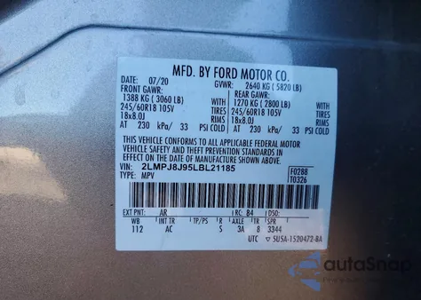 2020 Lincoln Nautilus from USA, damaged, VIN 2LMPJ8J95LBL21185